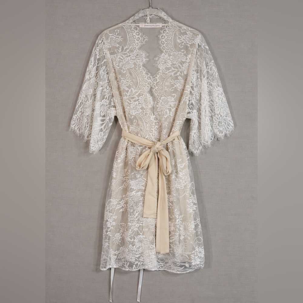 Girl With a Serious Dream Lace Robe Sheer Ivory Bridal Boudoir Tie Waist